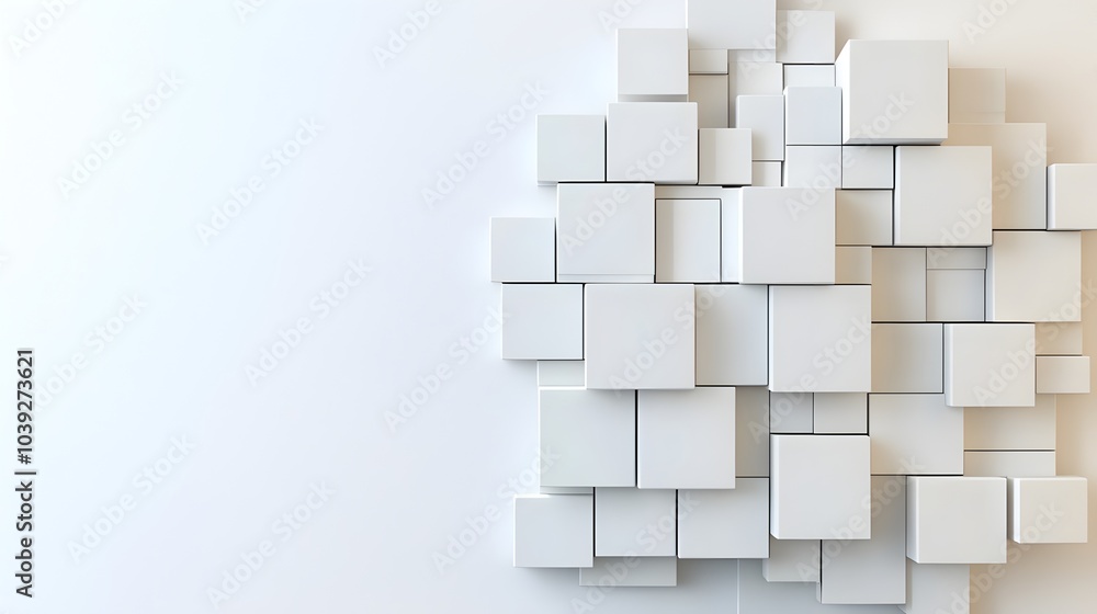 Poster floating abstract 3d geometric shapes with subtle gradients and glowing highlights against a futuris