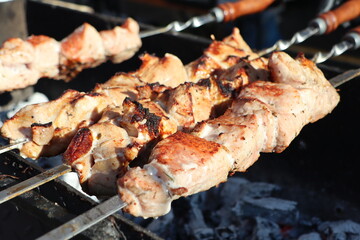 Enjoy delicious grilled meat kabobs perfectly skewered over charcoal for a delightful meal