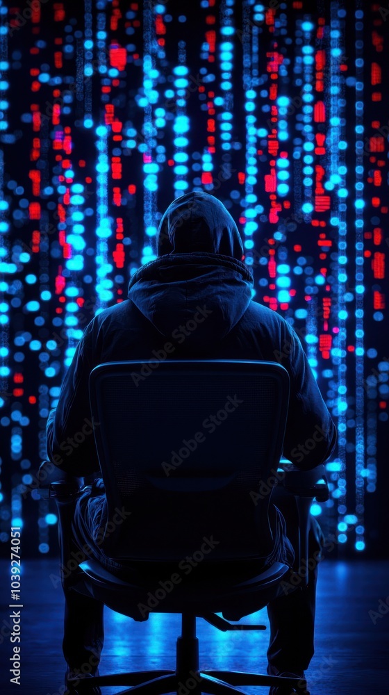 Poster mysterious figure in hoodie surrounded by digital matrix of lights and data streams