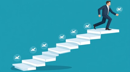 Businessman climbing up a success ladder