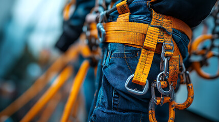 Close-up of a worker wearing a safety harness, emphasizing the importance of safety gear in various work environments.