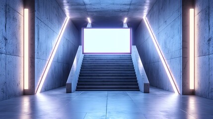 Blank billboard beside sleek concrete stairs in an underground train station, bright lights reflecting off the floor, perfect for OOH media display mockups