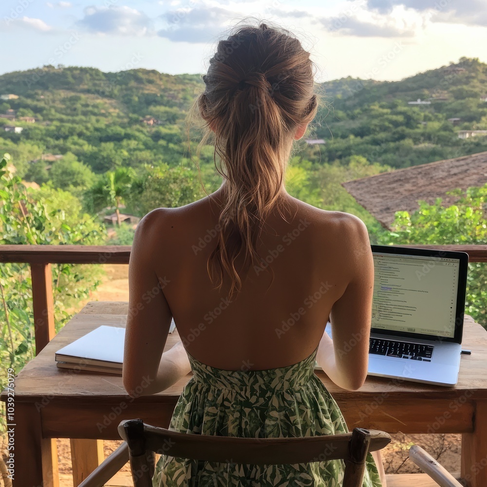 Poster serene escape a woman's reflection in nature with laptop and view