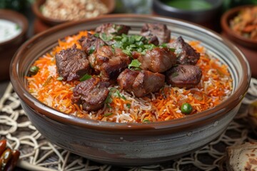 Fototapeta premium Traditional biryani rice with grilled meat chunks served in a clay bowl with garnishing herbs