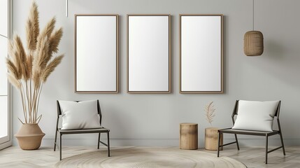 Blank picture frame template on the wall. Modern Scandinavian-style interior.
