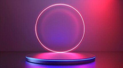 Fototapeta premium Modern round empty platform podium stand for product presentation with glowing neon lighting. 