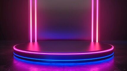 A modern round empty platform podium stands for product presentation with glowing neon lighting, which is a futuristic blank mockup.