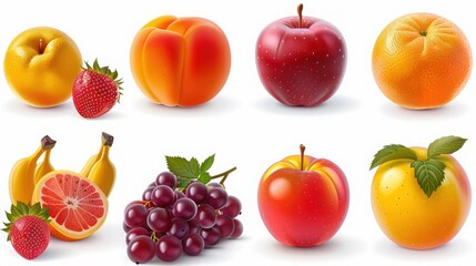 Assorted fruits including strawberry peach apple banana grape and orange arranged on a white background

