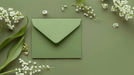 Rustic wedding invitation card mockup, green envelope and lilies