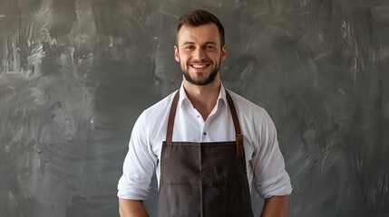 A smiling man in a kitchen apron on a grey background. Mockup for design