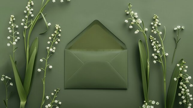 Rustic wedding invitation card mockup, green envelope and lilies