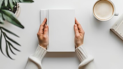 Woman holding book with blank cover at white table, top view.