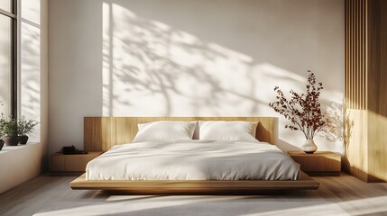 Minimalist and Serene Bedroom with Elegant Wooden Headboard and Natural Lighting