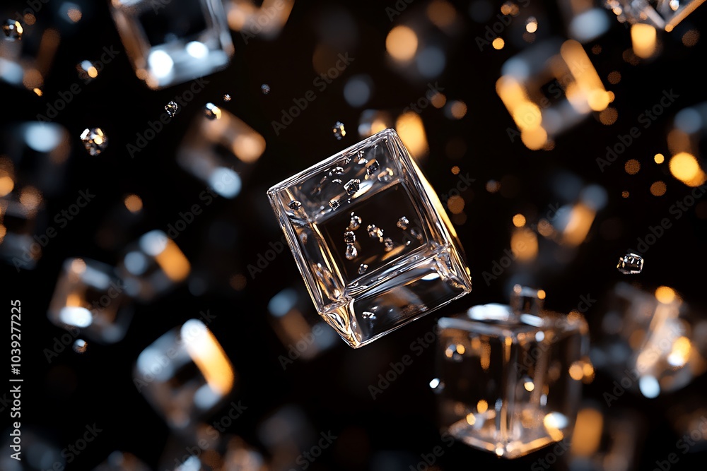 Poster Close-up of floating ice cubes with water droplets against a black background.