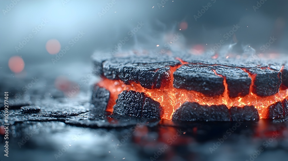 Poster dramatic and dynamic 3d lava texture with glowing red and orange veins pulsing through a rough rugge