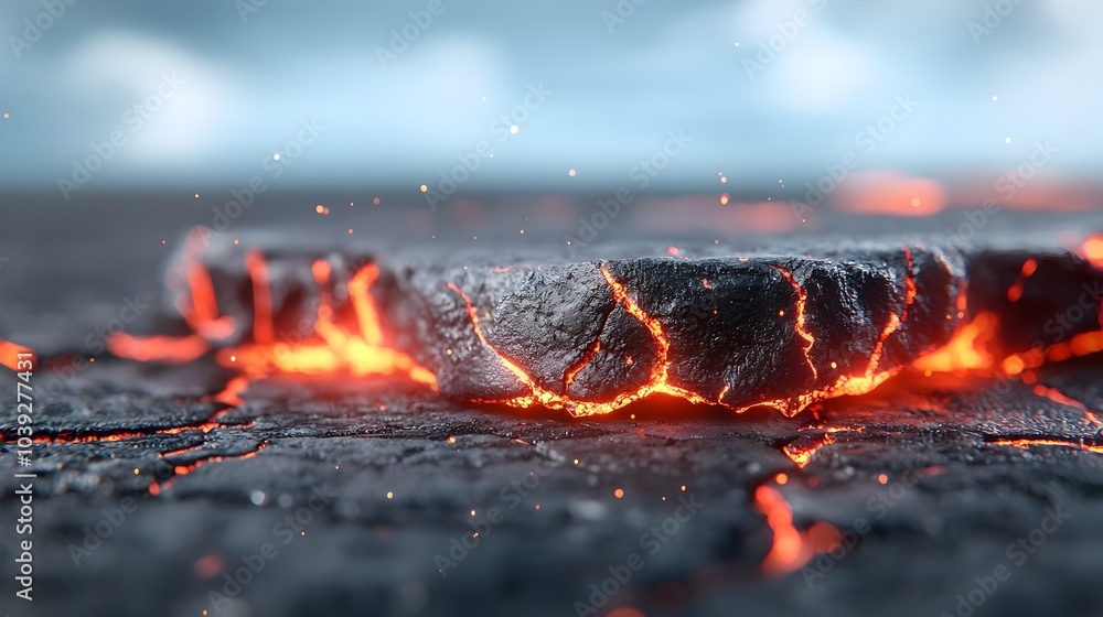 Poster intense and dynamic 3d lava flow texture with glowing red veins winding through a rugged black volca