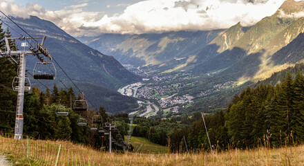 panorama view of Les House town with cableway to Mont Blamc mountain, French normal way