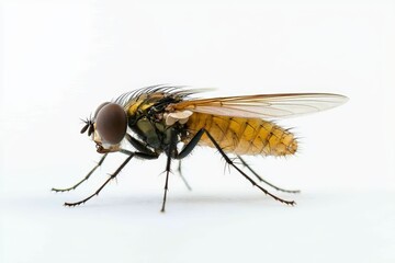 A yellow fly on a white background