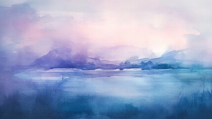 Fototapeta premium Abstract watercolor painting with blue and purple hues, depicting a landscape with mountains and a lake.