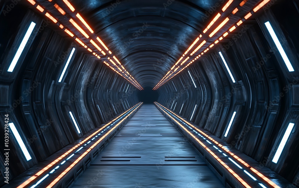 Poster dark round tunnel with glowing neon lights, 3d rendering, generative ai