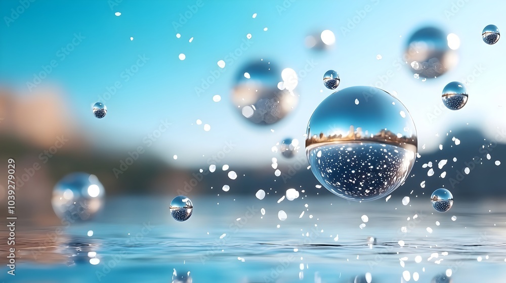Poster reflective glossy 3d chrome spheres floating on sleek glossy black surface with a dynamic and futuri