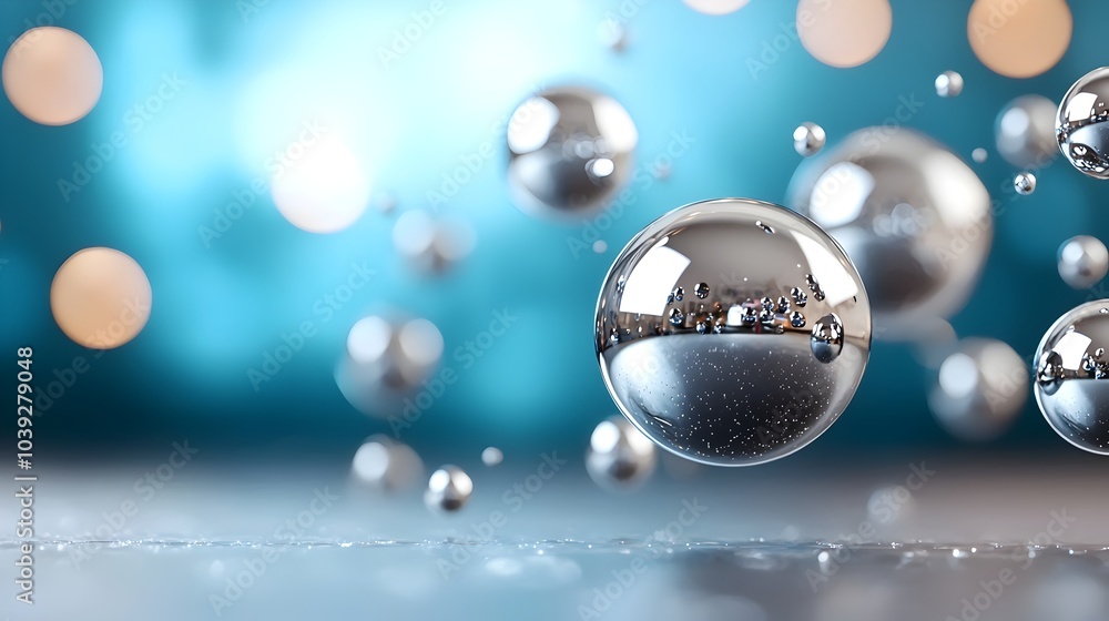 Poster futuristic and dynamic arrangement of reflective chrome spheres floating on a glossy black surface c