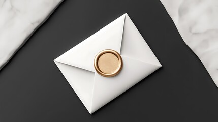 Gold wax stamp on paper envelope mockup, top view, 3d rendering. Empty postal label on envelope mockup
