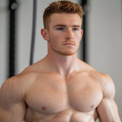 Naklejka premium Intense Focus and Strength Portrait of a Young Bodybuilder Showcasing Muscle Definition