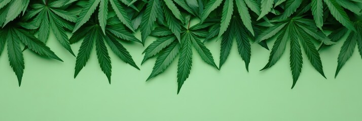 Green Cannabis Leaves on a Light Green Background, Natural, Organic, and Fresh