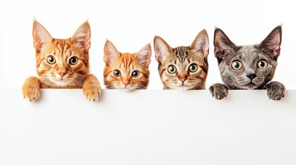 Four kittens peek over sign