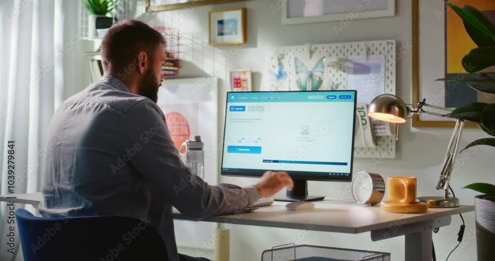 Poster back view of man entering prompt in ai image generator on computer. pc screen shows artificial intel