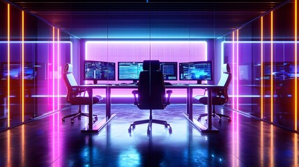 Contemporary office, glowing screens, tired worker silhouettes against large glass windows, cyberpunk style, dark tones with neon accents