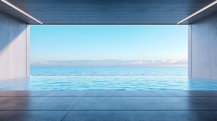 Obraz premium Futuristic sea-view plaza, sleek concrete floor, minimalist gray wall, ocean and sky blend softly, photorealistic lighting, modern design, wide shot