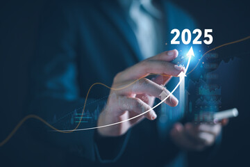 Business growth 2025 concept. Businessman analyze new year trend of future business technology, economic, marketing, opportunity investment, financial, calendar plan, business goal and success.