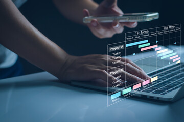Project plan and manage concept. Project manager update tasks and milestones progress plan schedule...