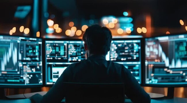 Scene of hacker doing data transfer, Slow motion camera with different angles