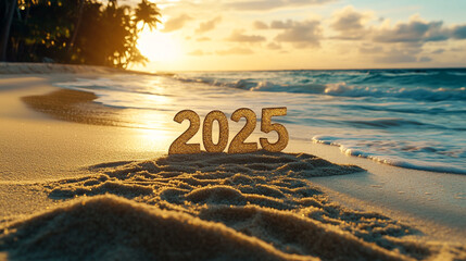 2025 New Year. '2025' standing on a sandy beach during golden hour, casting long shadows on the ground.