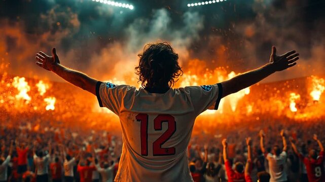 a soccer fan celebrating in a crowd wearing a football shirt with no. 12 on the back.