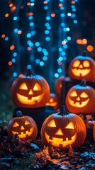 Glowing Jack-o'-lanterns illuminate a spooky Halloween night.