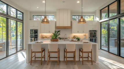 Modern open concept kitchen design featuring large windows and natural light