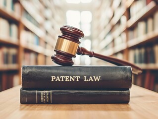 Wooden gavel resting on top of patent law books