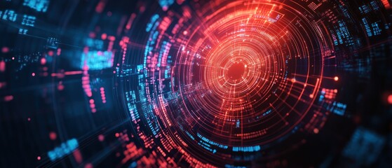 Abstract digital vortex with glowing lines and data elements.