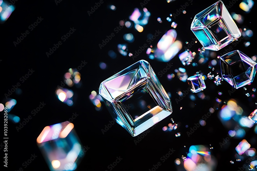 Poster Abstract background with iridescent cubes floating on a dark backdrop.