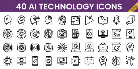 40 AI Technology icons in line style including generative image, artificial intelligence, ai brain, computer, automation, ai video, ai music, etc. For creative, design, and business.