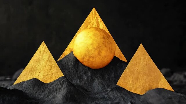 Golden pyramids and a spherical object sit on a textured black mountain landscape, combining abstract geometric shapes with a striking contrast.