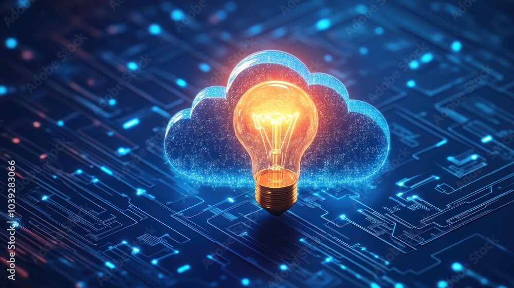 Poster a glowing light bulb inside a cloud, symbolizing cloud computing and innovation.