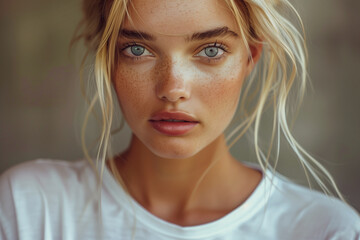 Naklejka premium White blonde supermodel with light blue eyes and tanned skin, wearing a white t-shirt