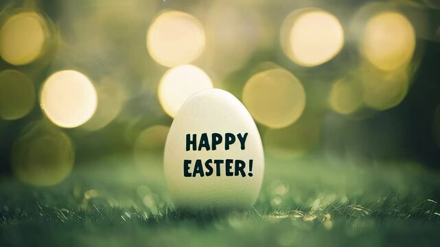 A single white Easter egg with "Happy Easter" text sits on green grass, with soft golden bokeh lights in the background.