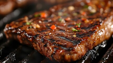 Mouthwatering Close Up Shot of Sizzling Tender Grilled Steak with Caramelized Edges and Savory Spices