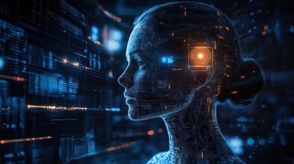 A futuristic depiction of a woman's profile integrated with digital technology and data.